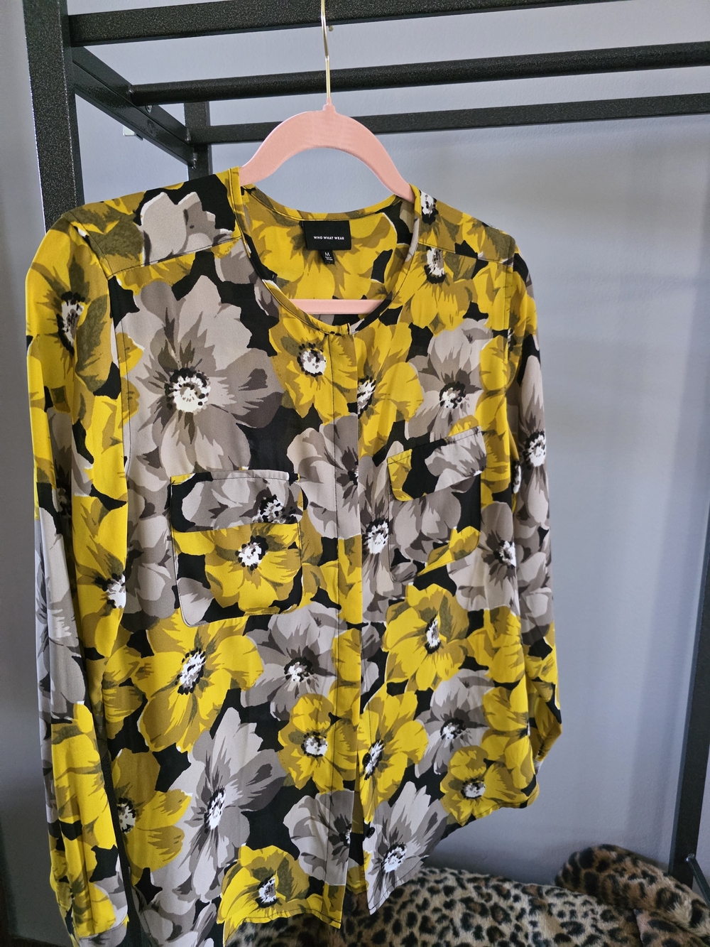 Who What Wear Yellow and Gray Floral Button-Front Blouse